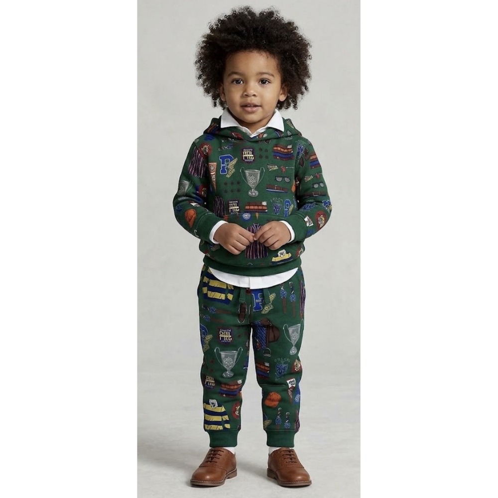 Polo Ralph Lauren Fleece All Over Print Graphic Jogger Pant Size 2T 3T Green